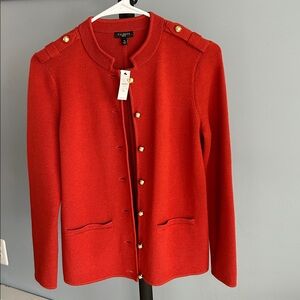 Talbots Sweater Blazer Womens Large Rust Orange Merino Wool Military Buttons
